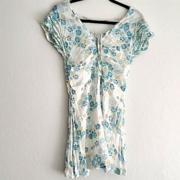 Free People Yours Truly Printed Dress in White and Teal Fairy Summer Floral Sz 2 - Picture 4 of 8